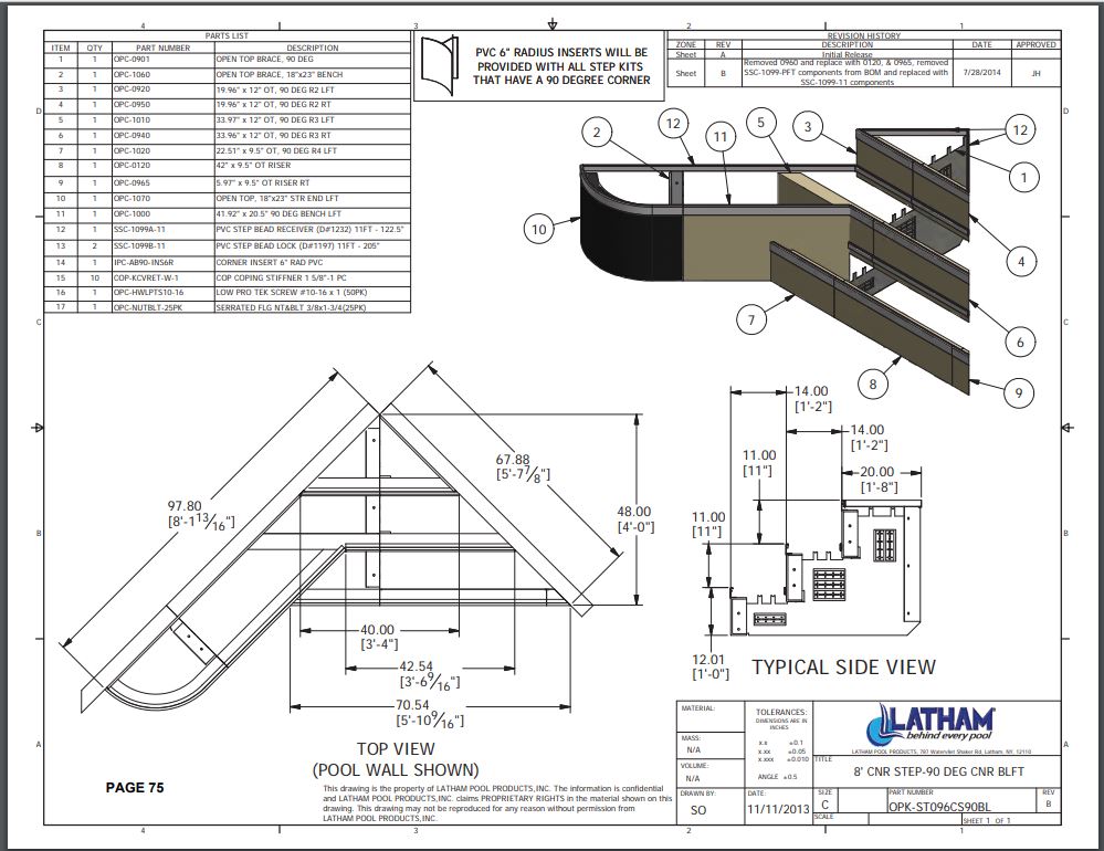 8' Corner Step Polymer 90 Deg. 3-Tread 6" Radius w/ Left Bench